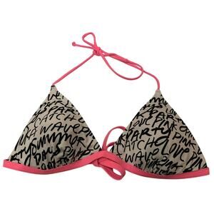 Victoria's Victoria Secret Bikini PINK Top Black & White letters pink Sz L - EUC